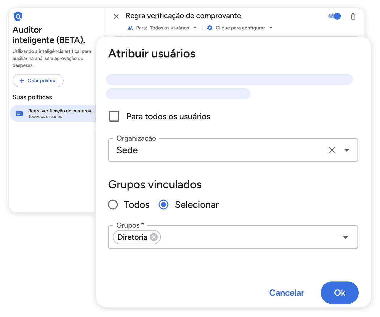 Estrutura de regras personalizáveis para controle de despesas de acordo com centro de custo, filial ou colaboradores